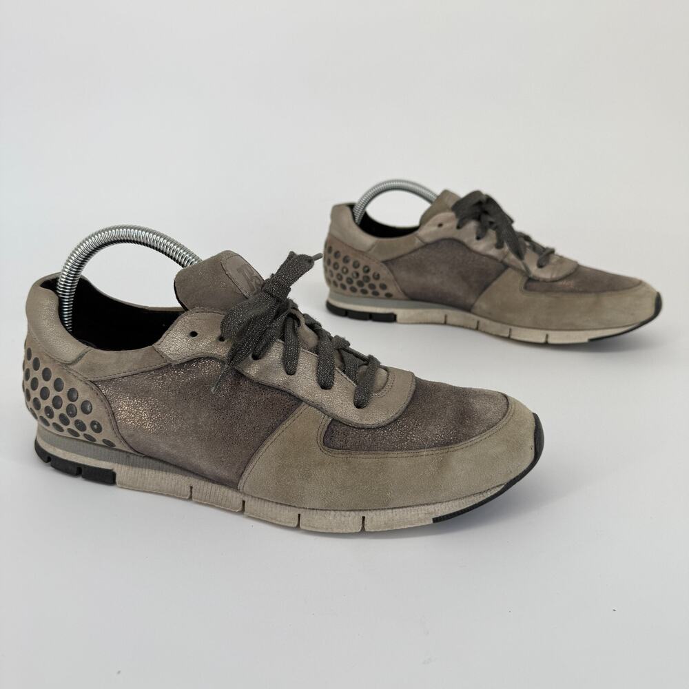 Paul Green Womens Size 10.5 Grey Metallic Silver Leather Stud Sneakers Sporty